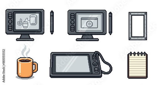 Collection of pixel art icons featuring digital drawing tablets, a stylus, a coffee mug, and a notepad, representing creative work and digital illustration tools
