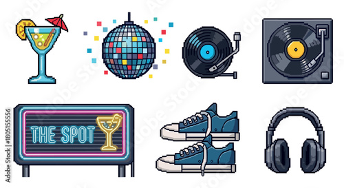 Vibrant collection of retro pixel art icons for a party or music theme, featuring a disco ball, turntable, cocktail, neon sign, and sneakers in a nostalgic 8-bit video game aesthetic