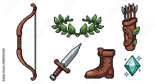Collection of pixel art fantasy adventure items, including a bow, dagger, quiver, boot, laurel wreath, and gem