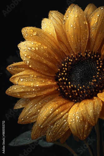 Bright Sunflower Covered in Rain Droplets Against a Dark Background in a Clos...