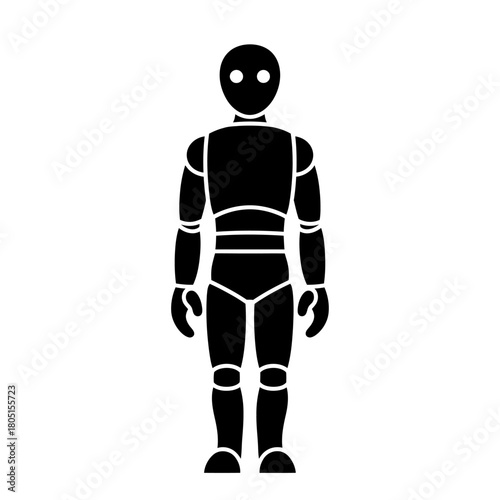 A black silhouette of a humanoid robot stands on a white background.
