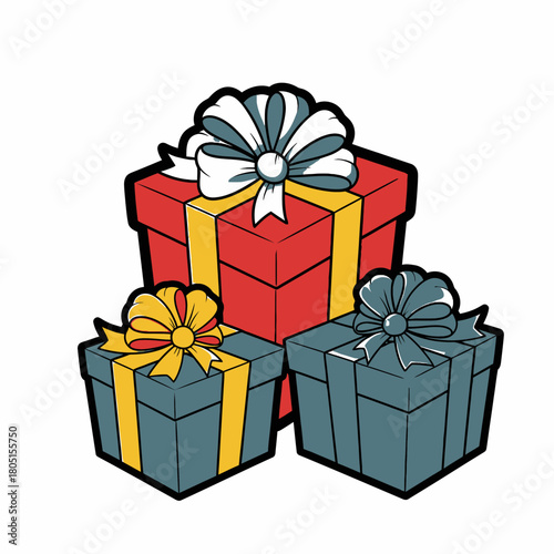 Three colorful gift boxes are stacked on a white background, tied with ribbons.
