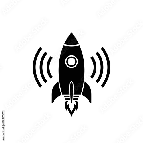A stylized rocket ship icon emits radio waves on a white background.