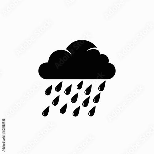 A black silhouette of a cloud raining water droplets on a white background.