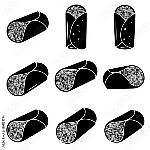 A collection of black and white illustrations of cannoli desserts.