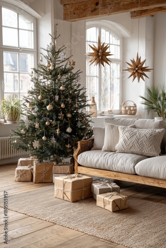 Cozy Living Room Decorated for Christmas With a Tree and Wrapped Gifts