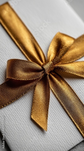 Beautifully Wrapped Gift Box With a Shiny Golden Ribbon Bow Displayed on a Te...