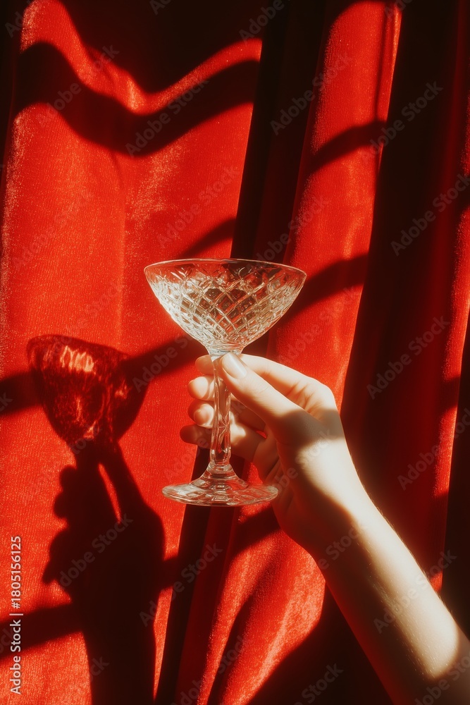 Obraz premium Hand Holding a Clear Glass in Front of a Red Curtain With Soft Shadows at Sunset