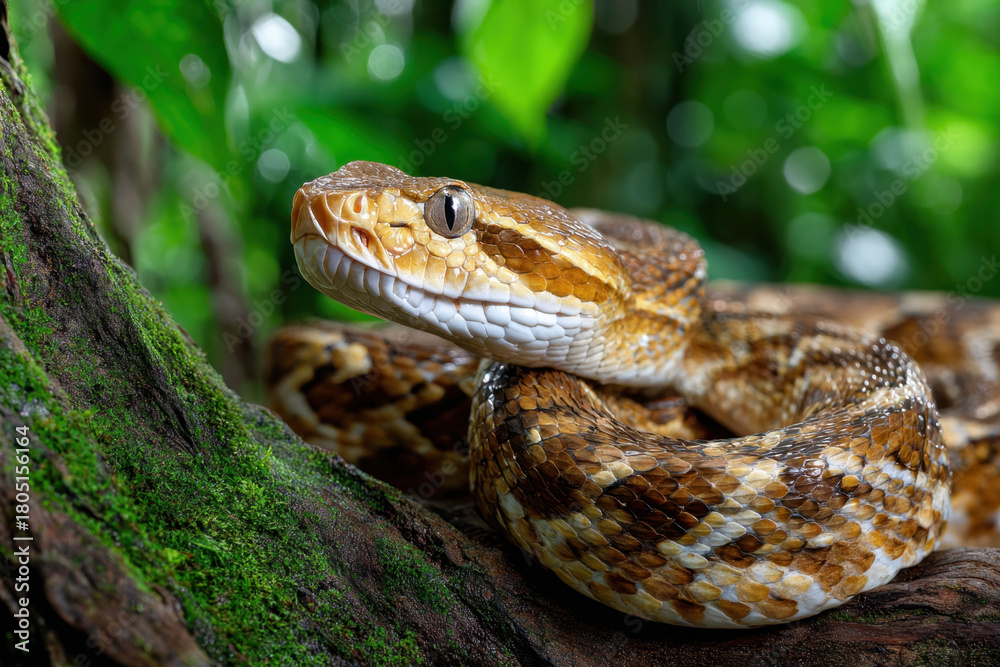 Obraz premium Closeup of Ferdelance Pit Viper on Mossy Branch