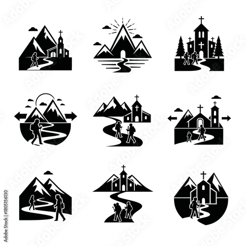 Silhouetted hikers ascend paths leading to churches and mountains.