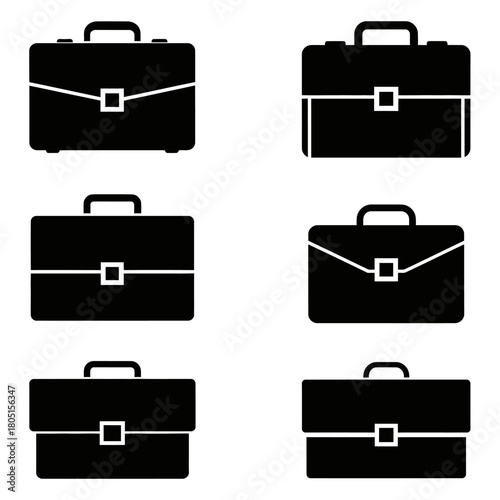 Six black briefcases are displayed on a white background.