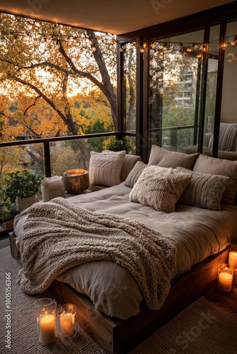 Cozy Bedroom With Fall Sunset View and Warm Lighting in a Modern Apartment