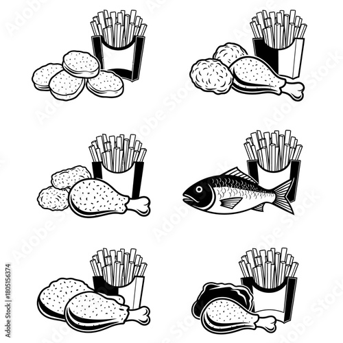 A collection of illustrations of fast food items including chicken nuggets, fries, and fish.