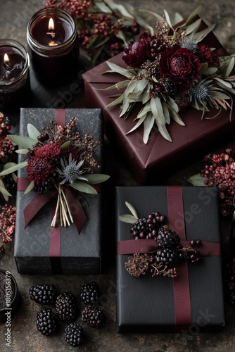 Beautifully Wrapped Gifts Decorated With Seasonal Greenery and Berries in a C...