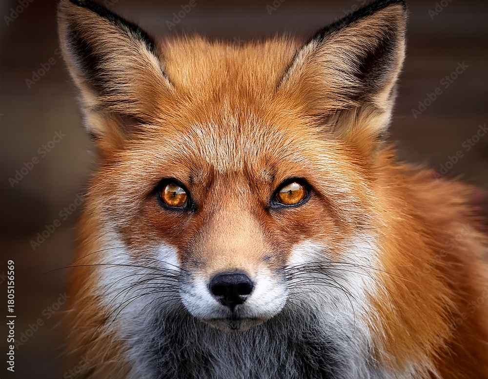 Fototapeta premium Intense Stare of a Red Fox: A Captivating Close-Up of a Wild Animal with Amber Eyes and Beautiful Fur