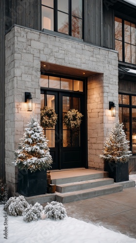 Winter Snowfall Covers Charming House With Festive Decorations in Quiet Neigh...
