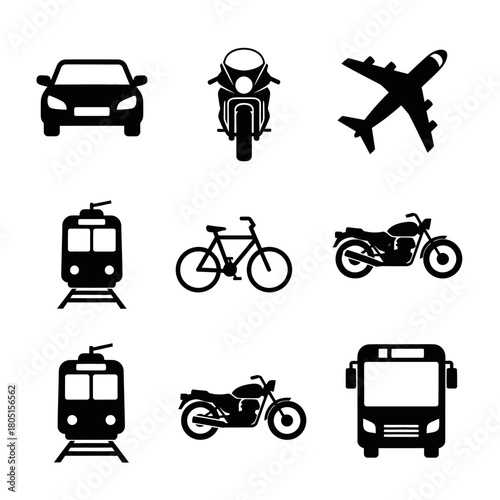 A collection of transportation icons, including a car, motorcycle, airplane, train, bicycle, and bus.