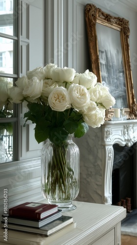 Beautiful White Roses Arranged in a Clear Vase on a Coffee Table in a Bright ...