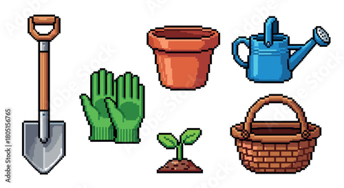 Set of colorful 8-bit pixel art icons for a gardening or farming video game, featuring a spade, watering can, plant pot, gloves, seedling, and a wicker basket