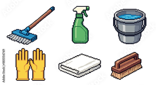 Isometric pixel art collection of household cleaning equipment including a mop, bucket, spray bottle, and gloves, presented as a set of retro 8-bit style icons on a white background