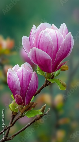 Beautiful Pink Magnolia Blossoms in Spring Bloom Under Soft Sunlight in a Garden Setting