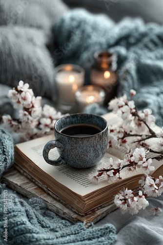Cozy Setup With Tea, Flowers, and Candles on a Soft Blanket in a Warm Environ...