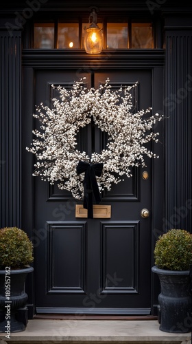 Beautiful White Wreath on a Dark Door With Plants in Front During Evening Light