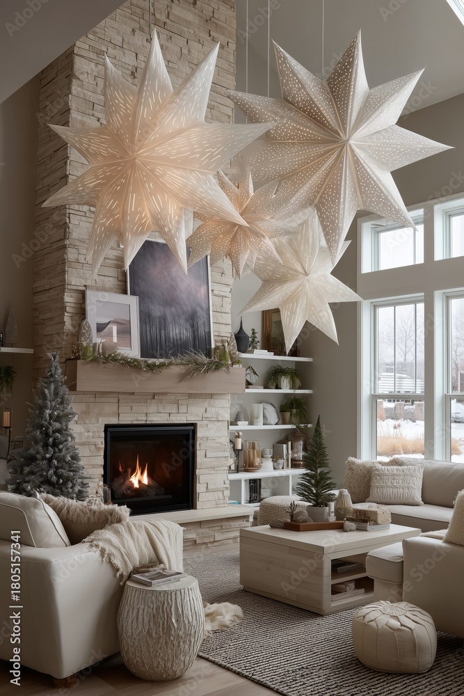 Naklejka premium Elegant Holiday Living Room With Star-Shaped Decorations and Cozy Fireplace Glowing