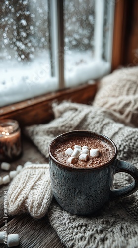 Warm Cup of Hot Chocolate With Marshmallows by a Snowy Window in a Cozy Setting