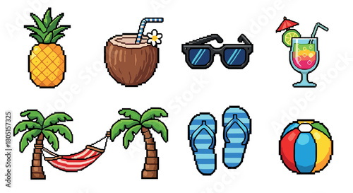 Collection of pixel art summer vacation icons including a pineapple, coconut drink, sunglasses, cocktail, palm trees with a hammock, and flip-flops