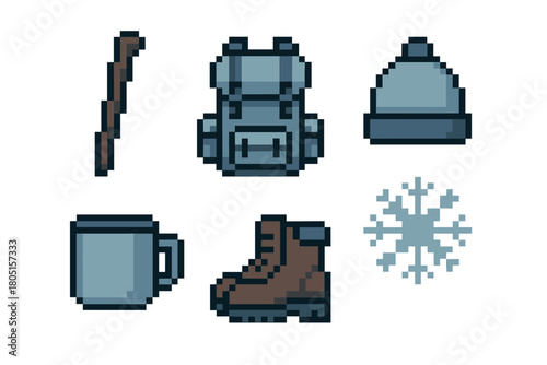 Collection of pixel art icons for a winter hiking adventure, including a backpack, boot, hat, mug, walking stick, and snowflake