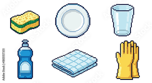 Retro 8-bit pixel art icon set of various dishwashing and kitchen cleaning items including a sponge, plate, glass, soap, towel, and gloves on a white background