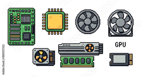 Collection of pixel art computer hardware components, including a motherboard, CPU, GPU, RAM, and cooling fans