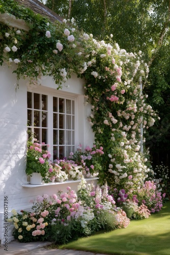 Colorful Roses Bloom Beside a Cozy Cottage During a Sunny Afternoon in a Sere...