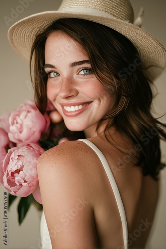 Young Woman Smiling With Peonies in a Sunlit Indoor Setting Wearing a Hat