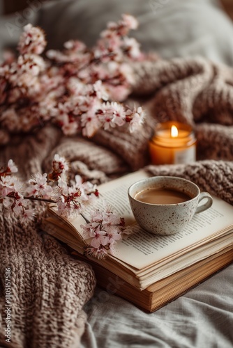 Cozy Morning With Coffee and Book on a Soft Blanket With Flowers and Candlelight