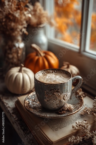 Cozy Autumn Morning With Warm Drink and Seasonal Decor by the Window
