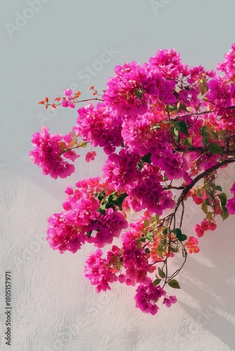 Bright Bougainvillea Blooms Against a Soft Wall in Warm Sunlight During Late ...