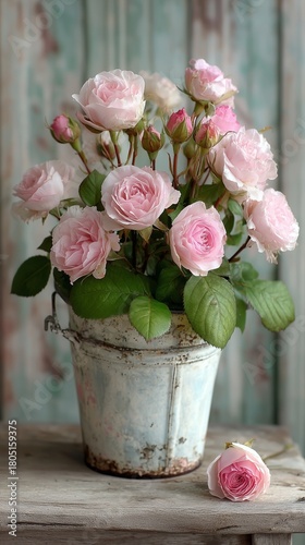 Beautiful Pink Roses in a Rustic Bucket on a Wooden Table With a Soft Background