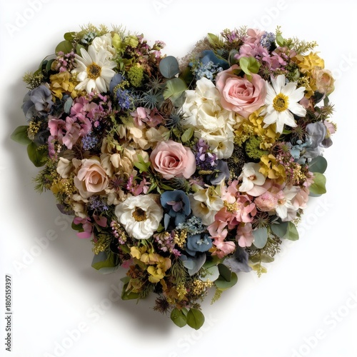 Beautiful Heart-Shaped Floral Arrangement Made of Diverse Blooms and Greenery...
