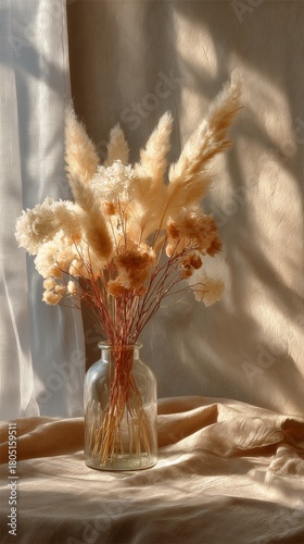 Elegant Dried Flowers Arranged in a Glass Vase on a Soft Fabric Background Wi...