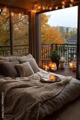 Cozy Bedroom With Fall Sunset View and Warm Lighting in a Modern Apartment