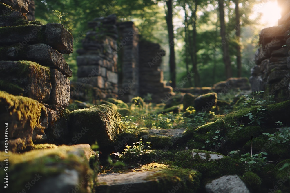 Fototapeta premium Moss covered stone ruins in a forest with sunlight shining through the trees in the background