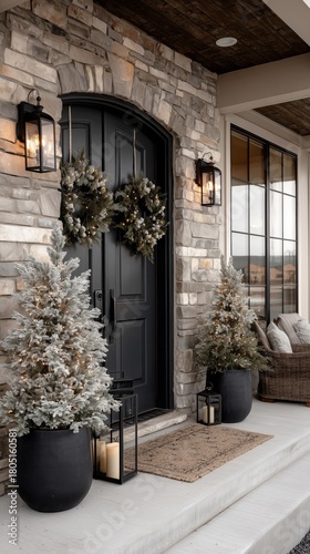 Beautiful Winter Entrance Decorated With Wreaths and Frosted Trees in a Cozy ...
