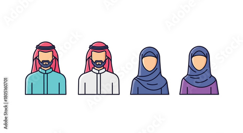 Four arab people avatars in traditional clothing a digital illustration