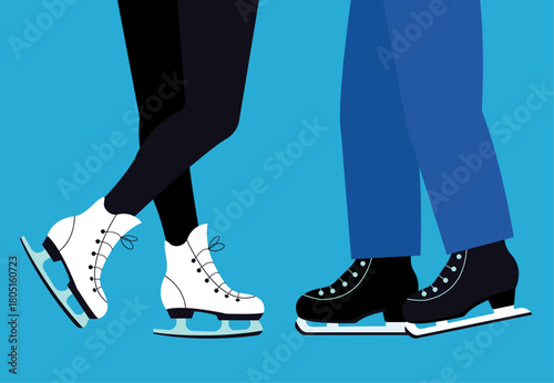 Ice skating female and male legs and feet in winter outfits. Black leggings , white skates, blue jeans, black skates. Bright blue ice background. Flat vector illustration, bold lines.