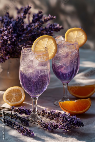 Lavender Lemonade Served in Clear Glasses With Lemon Slices and Fresh Flowers...