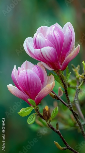 Beautiful Pink Magnolia Blossoms in Spring Bloom Under Soft Sunlight in a Gar...