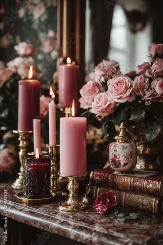 Candles and Roses Arranged Elegantly on a Vintage Marble Table in a Cozy Inte...