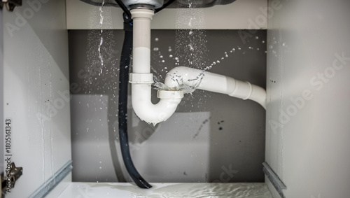 Tableau sur toile Close-up of a damaged and leaking sink pipe under a cabinet, with water splashin
